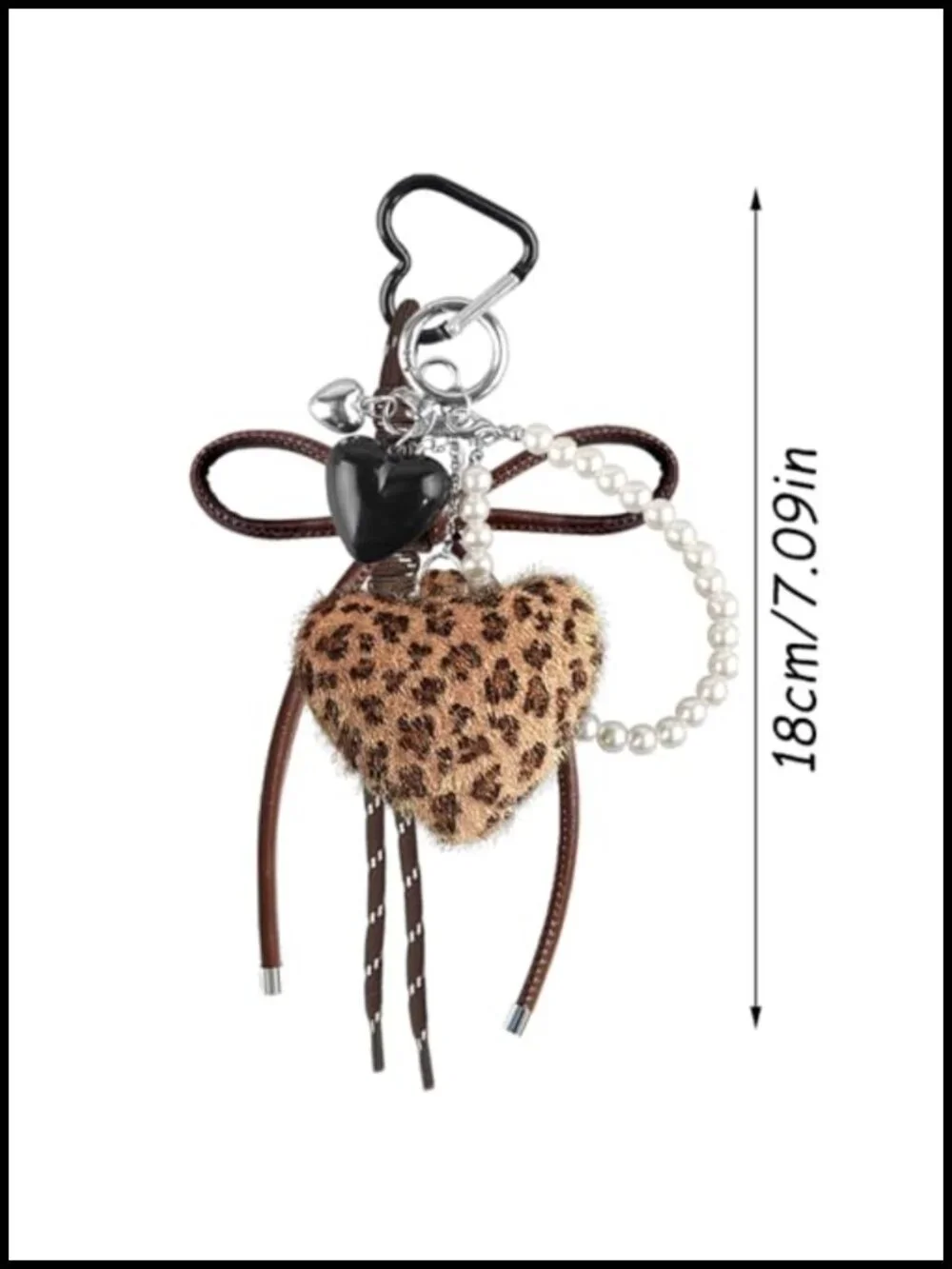 Plush Leopard Heart Keychain with Pearl Braided Rope, Cute Bag Charm for